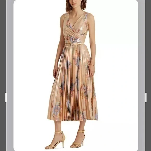 Lauren Ralph Lauren Pleated Metallic Floral Dress in Blush Multi - Picture 1 of 14